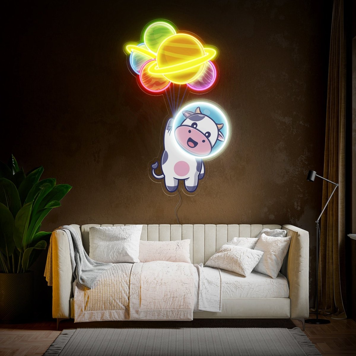 Cow Astronaut Floating With Planet Balloon Space Artwork Led Neon Sign - Reels Custom