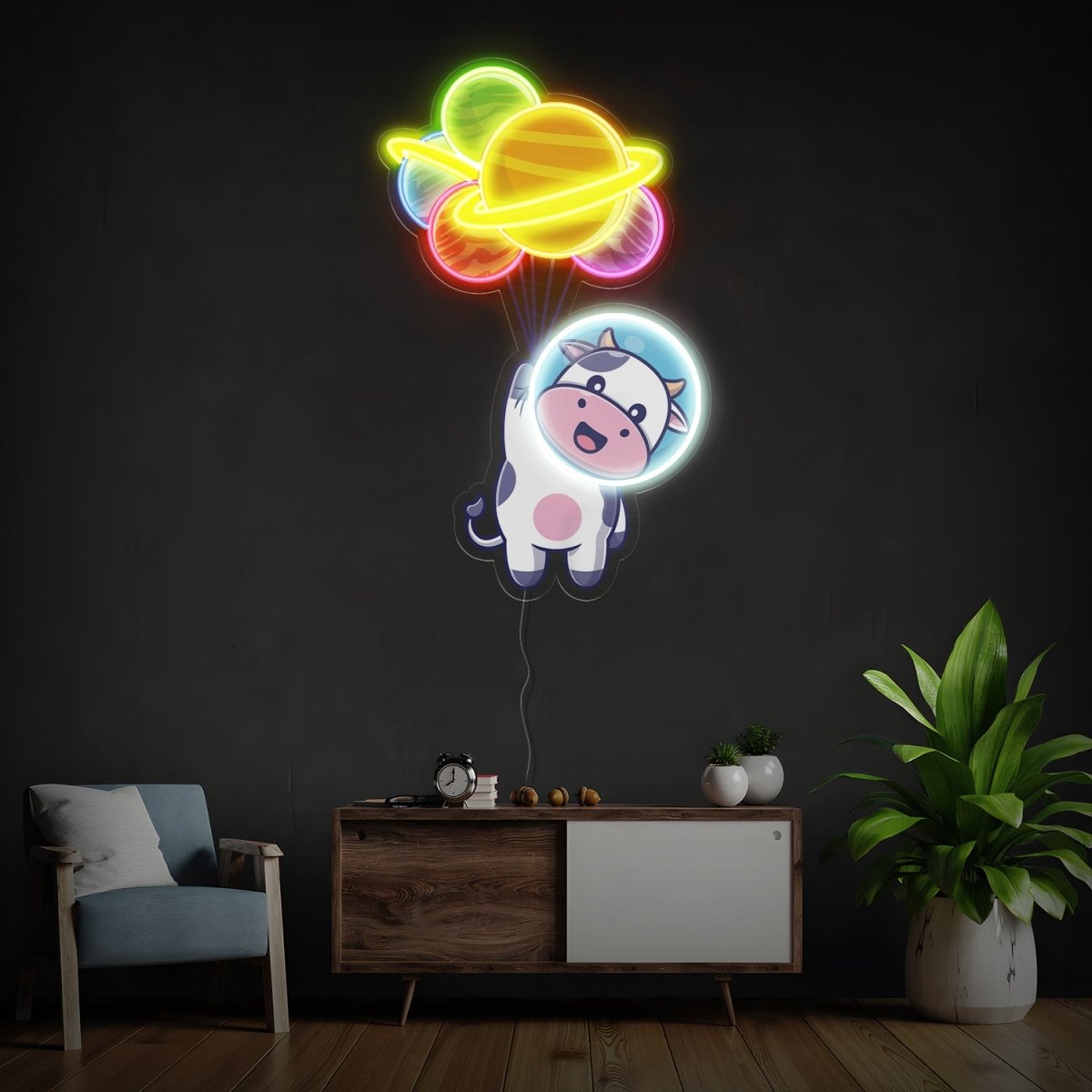 Cow Astronaut Floating With Planet Balloon Space Artwork Led Neon Sign - Reels Custom
