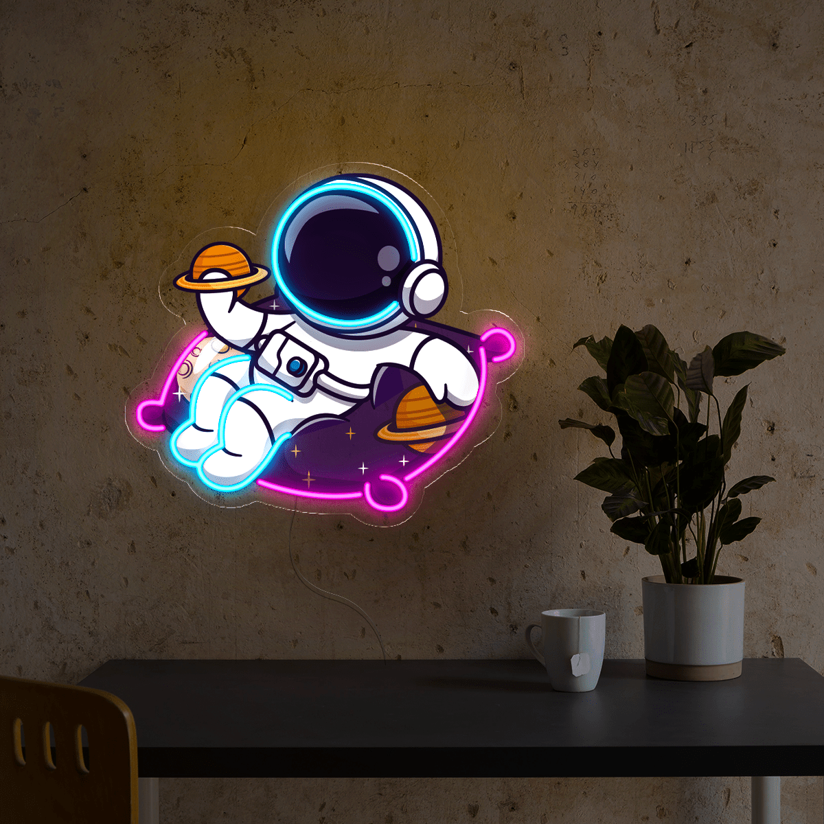 Cute Astronaut Holding Planet Artwork Led Neon Sign - Reels Custom