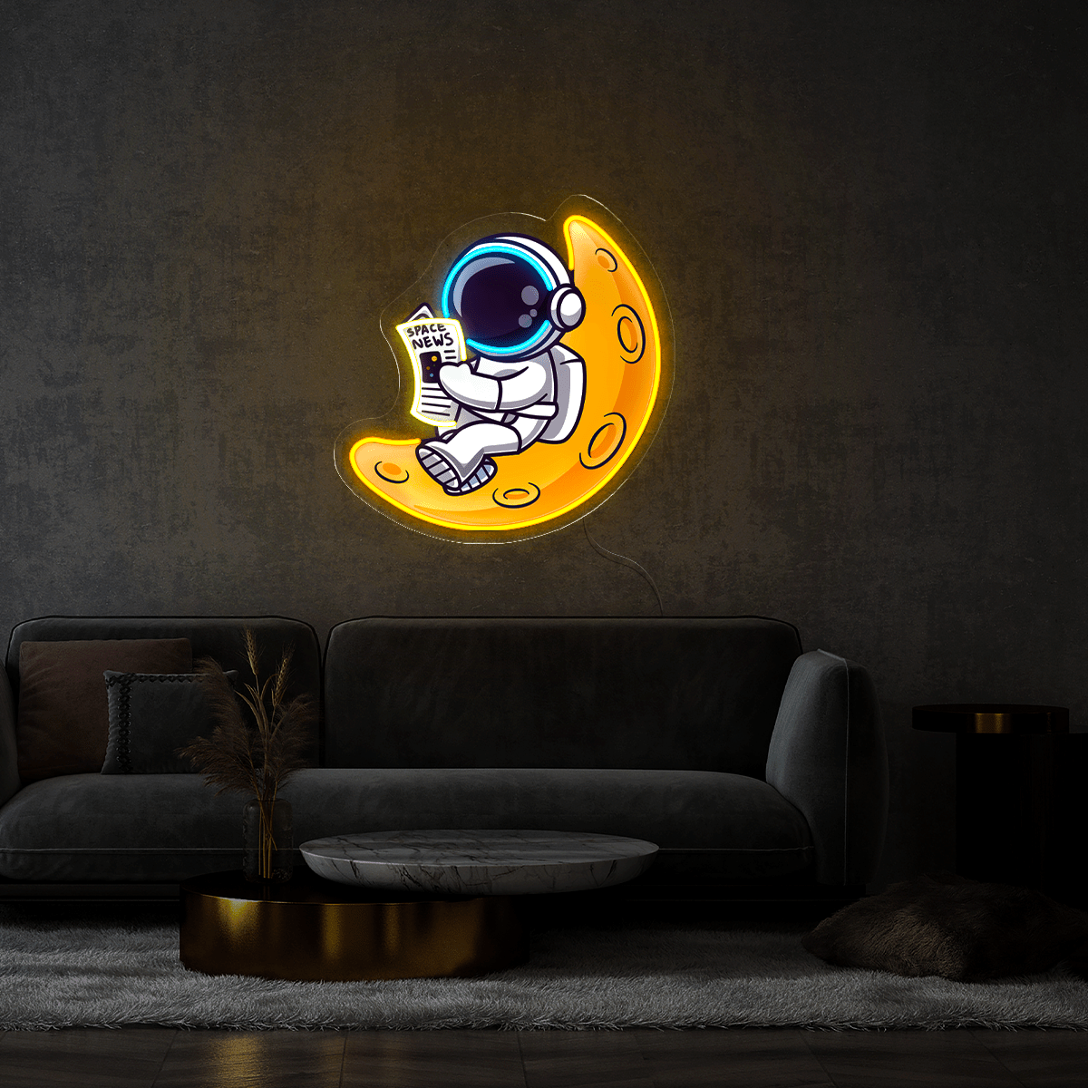 Cute Astronaut Reading Newspaper On Moon Artwork Led Neon Sign - Reels Custom