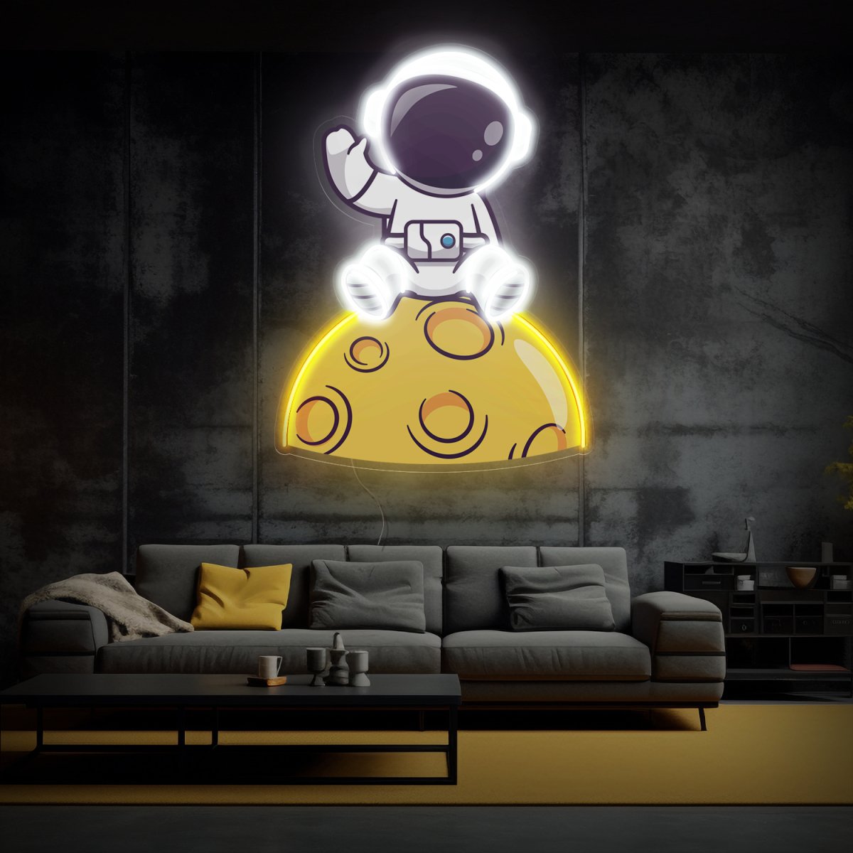 Cute Astronaut Sitting On Moon Space Artwork Led Neon Sign - Reels Custom