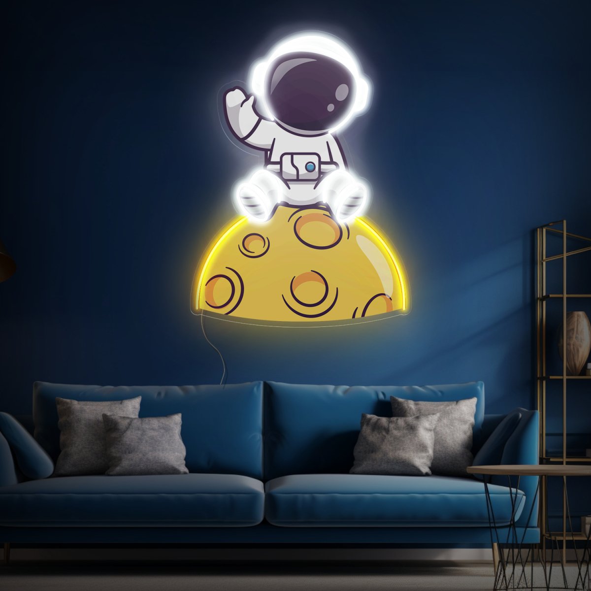 Cute Astronaut Sitting On Moon Space Artwork Led Neon Sign - Reels Custom