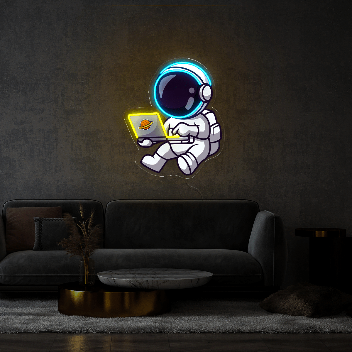 Cute Astronaut Working On Laptop In Space Artwork Led Neon Sign - Reels Custom