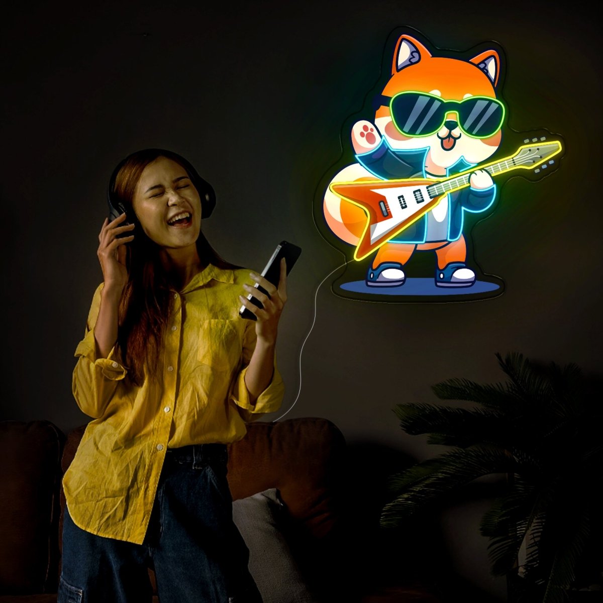 Cute Shiba Inu Playing Electric Guitar Artwork Led Neon Sign - Reels Custom