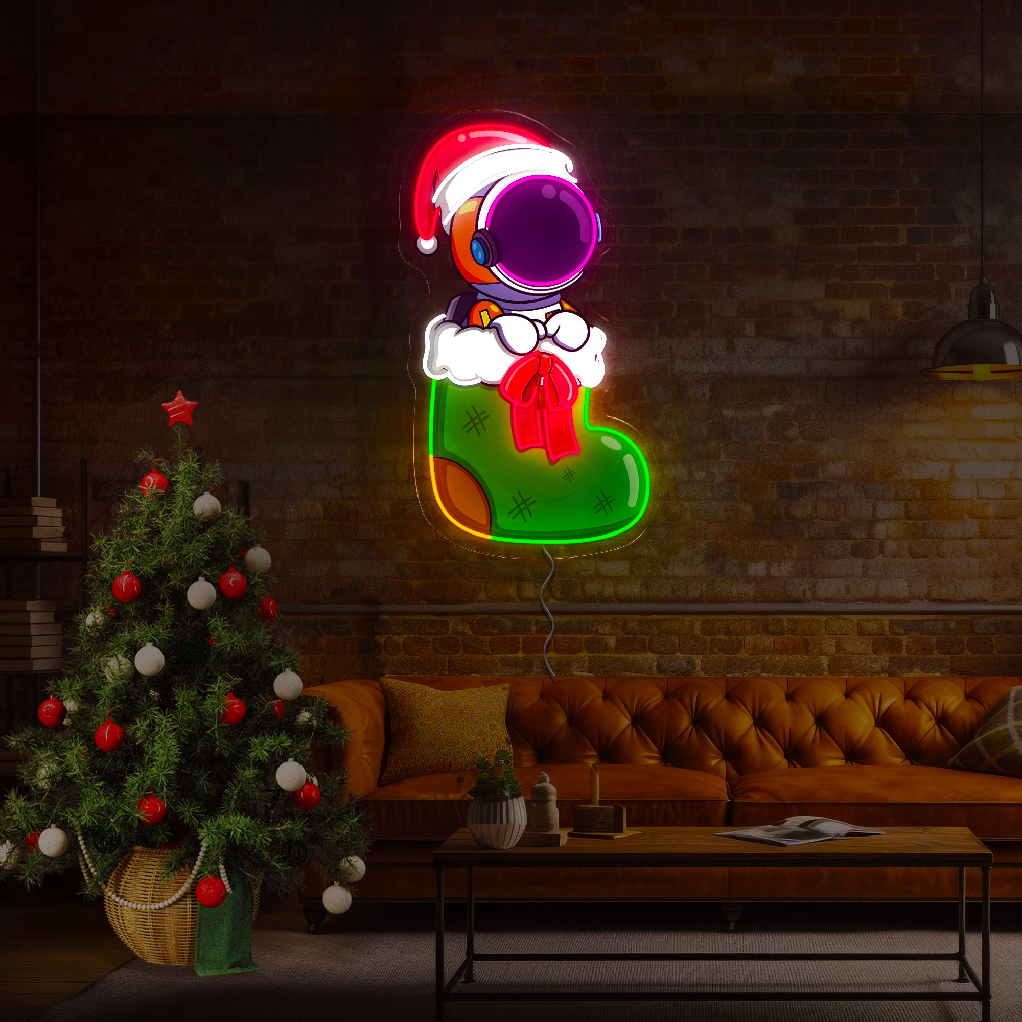 The cute Astronaut is sitting on the Christmas Sock Artwork Led Neon Sign