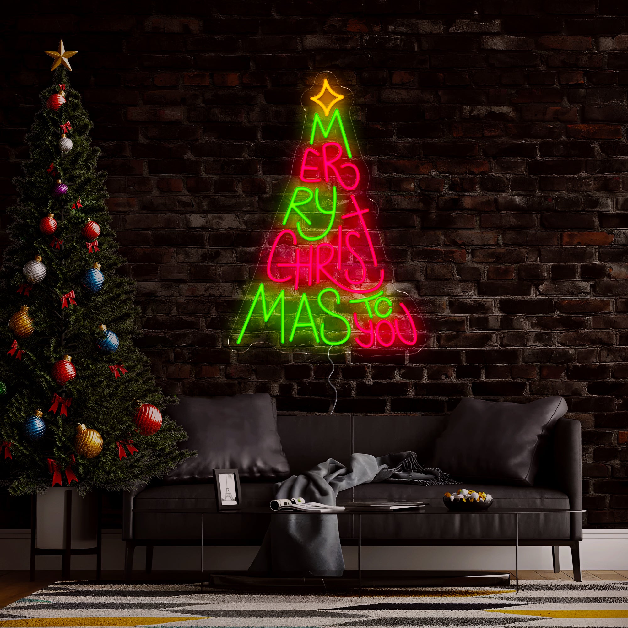 Merry Christmas Text Tree Led Neon Sign