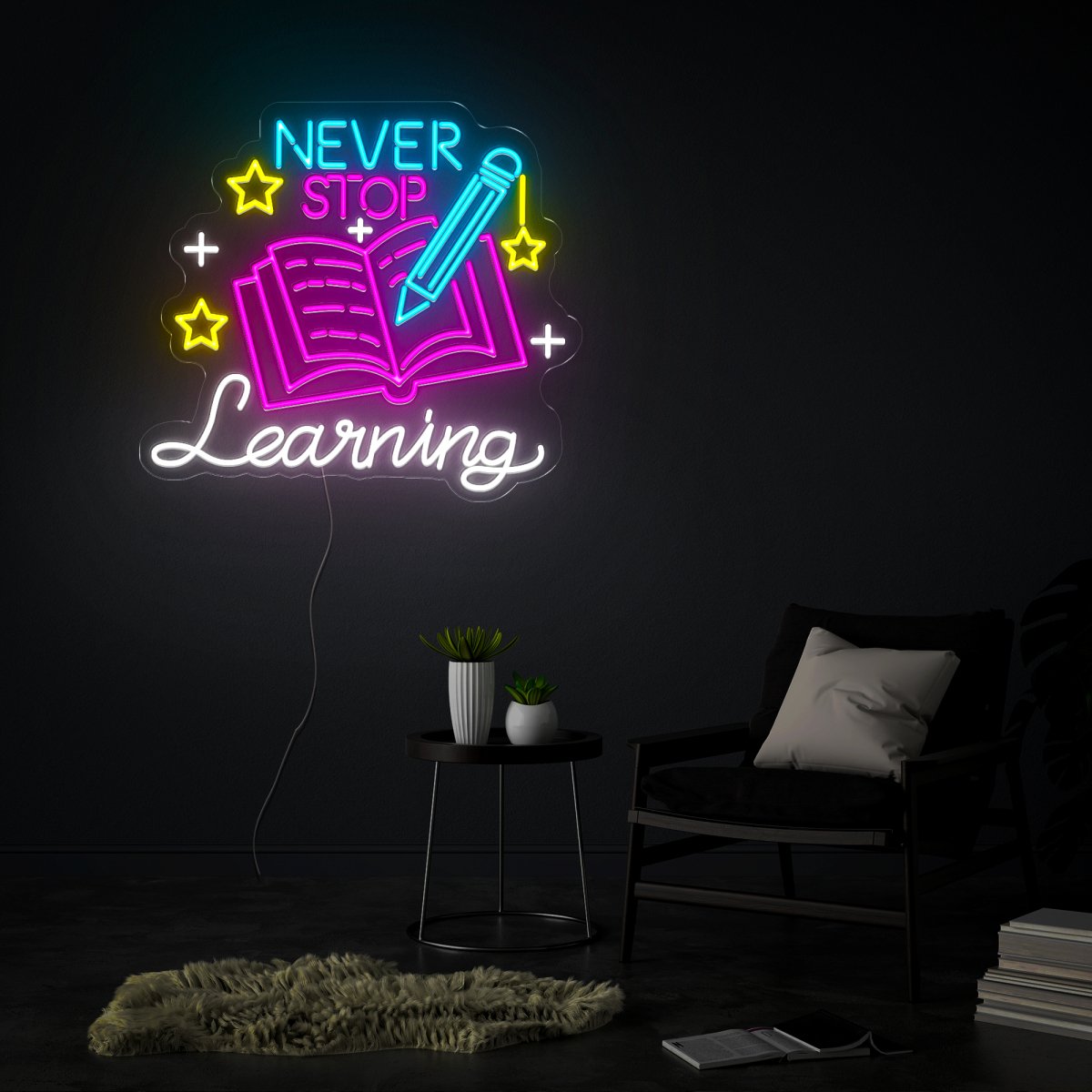 Never Stop Learning Book Neon Sign - Reels Custom