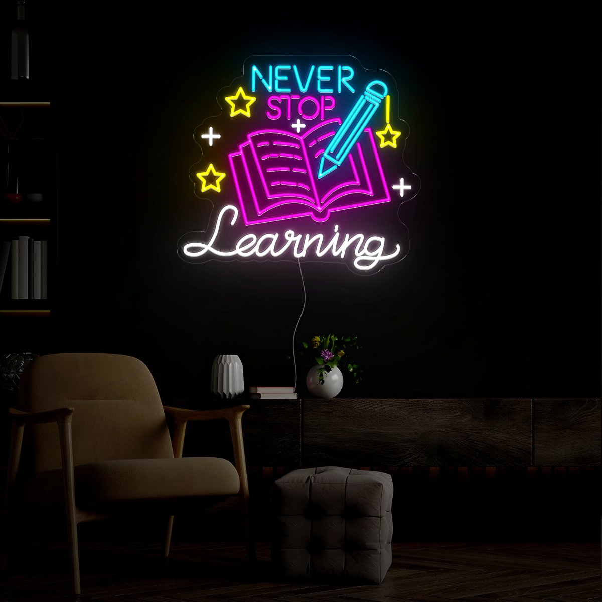 Never Stop Learning Book Neon Sign - Reels Custom