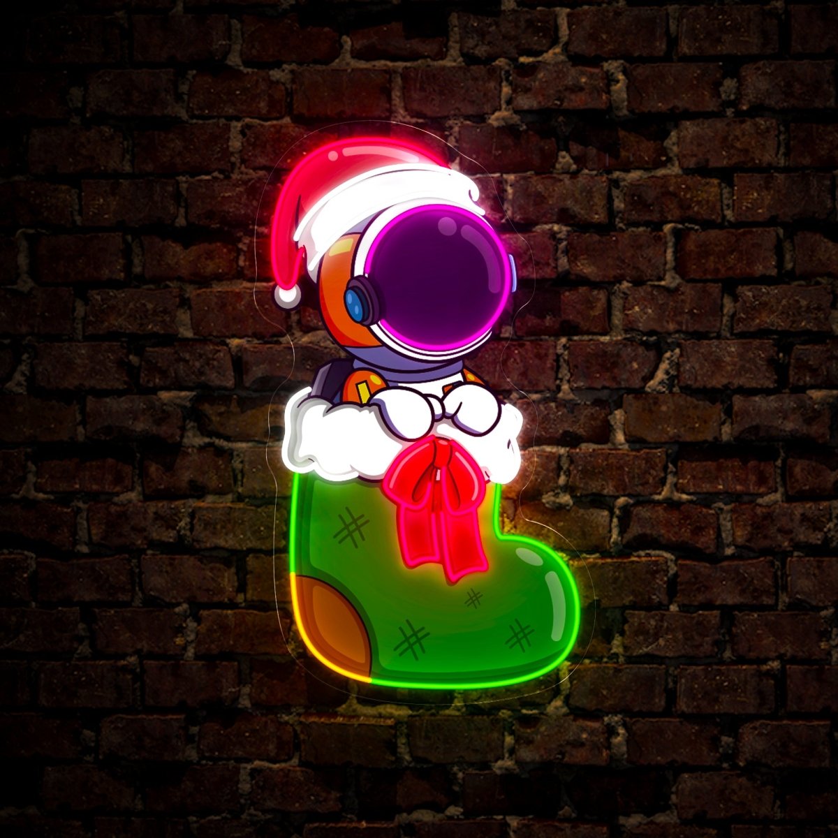 The cute Astronaut is sitting on the Christmas Sock Artwork Led Neon Sign - Reels Custom