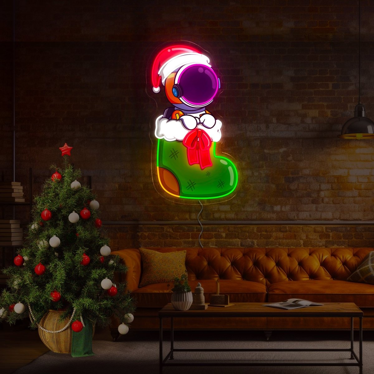 The cute Astronaut is sitting on the Christmas Sock Artwork Led Neon Sign - Reels Custom