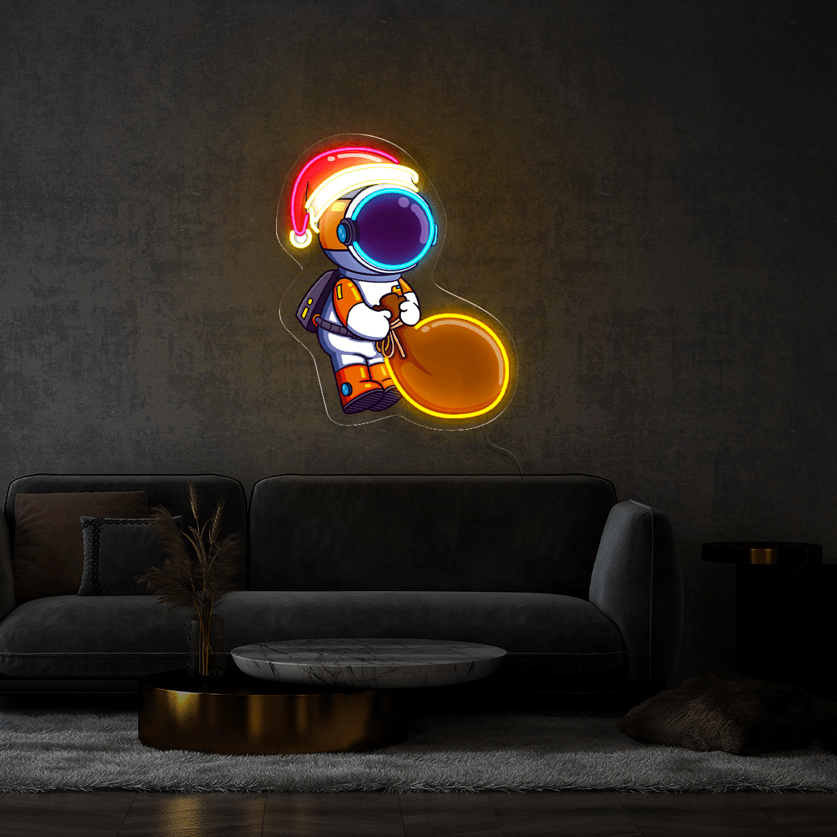 The Santa Astronaut Holding heavy gift Bag Artwork Neon Sign - Reels Custom