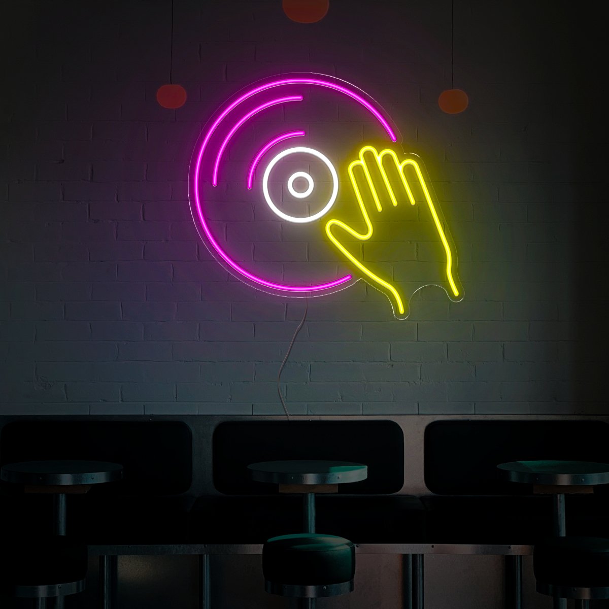 Vinyl Disk With Hand Neon Sign - Reels Custom